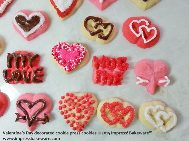 Valentine's Day decorated cookie press cookies    © 2015 Impress! Bakeware™
