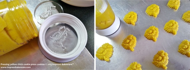 Pressing yellow chick cookie press cookies- © 2015 Impress! Bakeware™