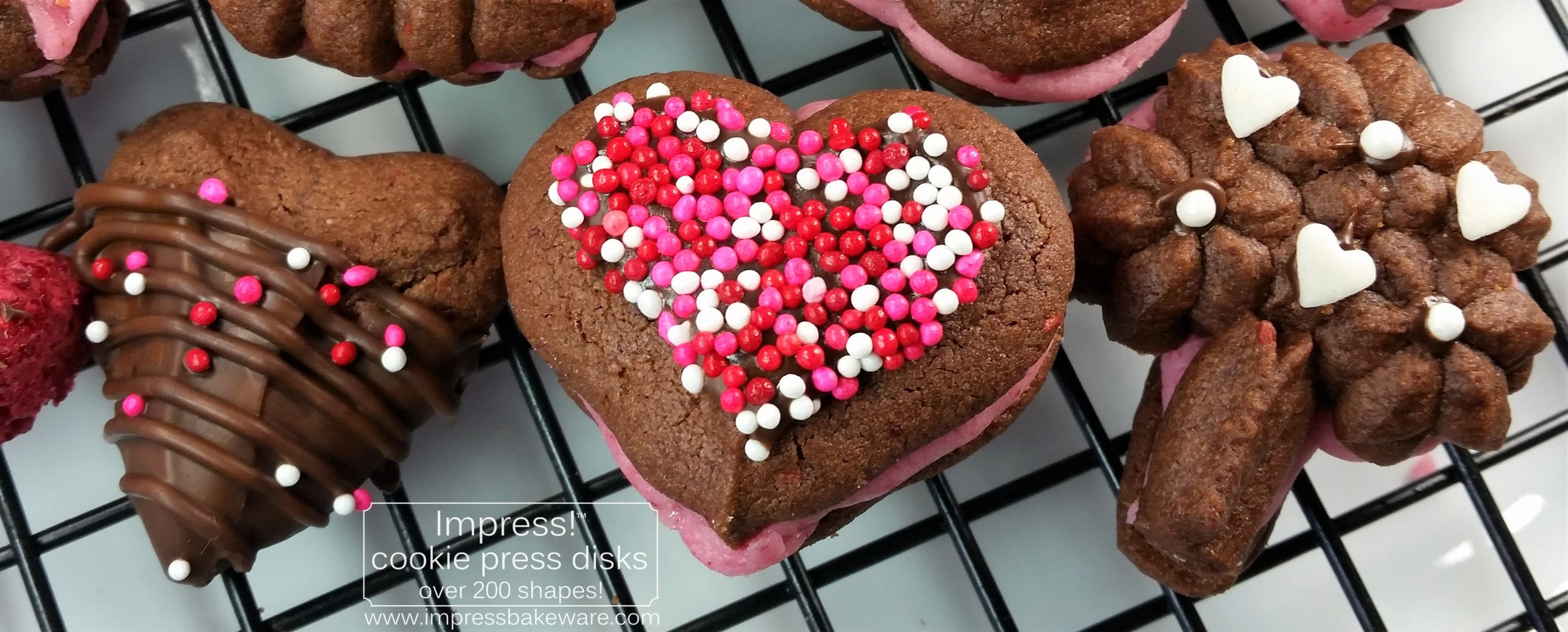 Chocolate Raspberry Valentine’s Sandwich Cookies q cookie press spritz disks © 2017 Impress! Bakeware, LLC.jpg